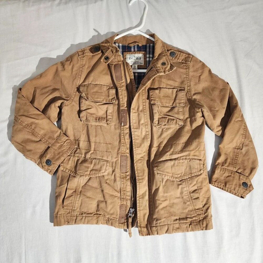 The Childrens Place Boys Tan Military Utility Jacket Plaid Lined Medium 7 8